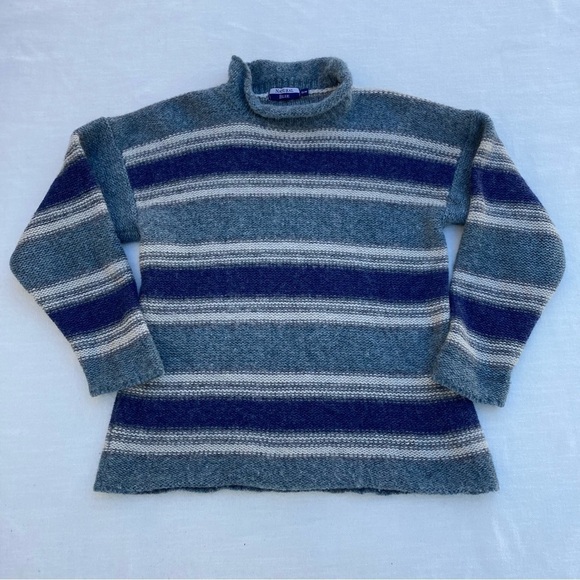 VINTAGE - NATURAL BLUE | Pure New Wool Striped Knit Sweater - Picture 1 of 12